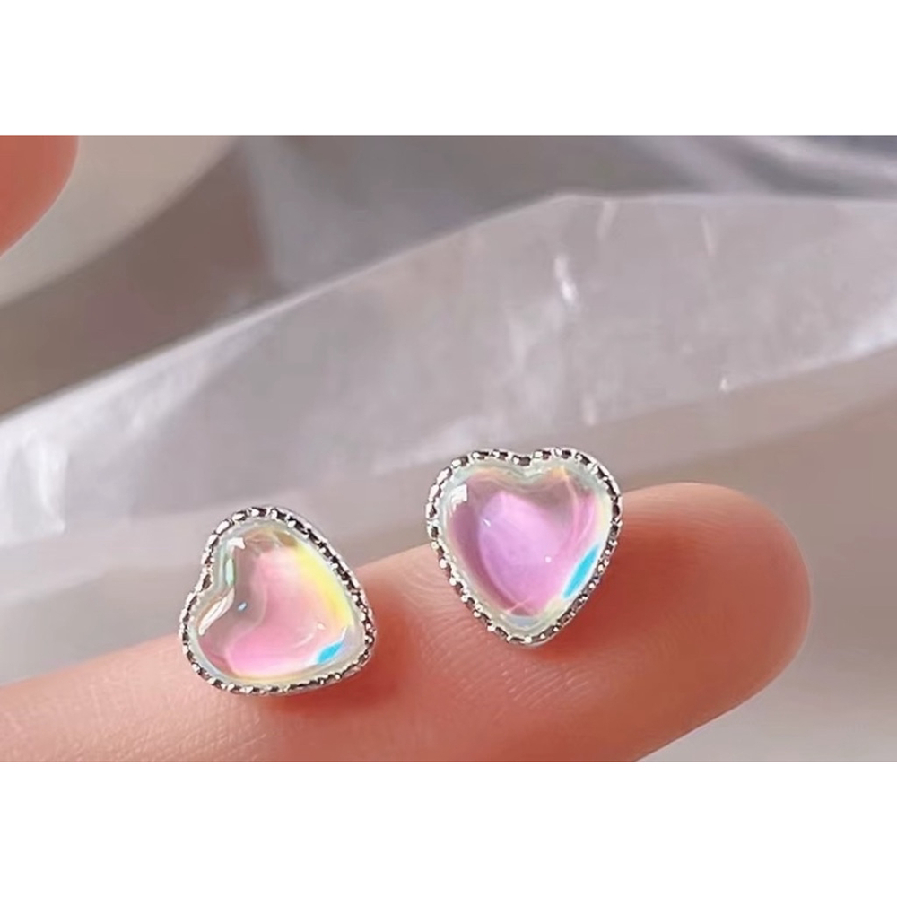 NEW Women's 925 Silver Opal Heart Stud Earrings Pink Purple 0.9CM